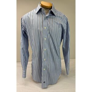 David Donahue Dress Shirt Stripes Blue Button Trim - Men's Size 16 - 32 / 33